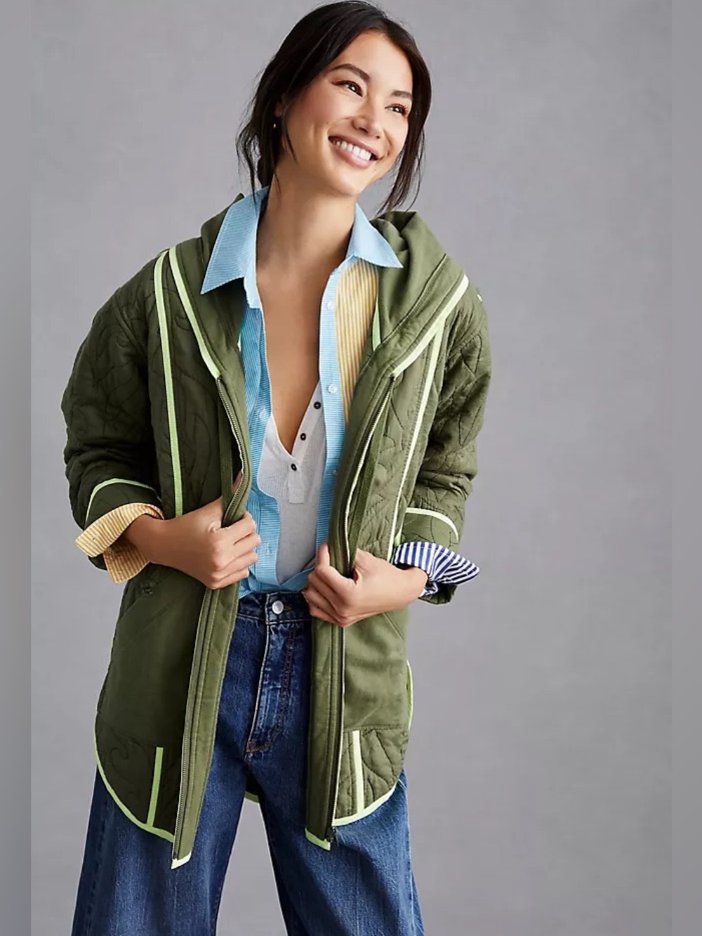 Daily Practice - Anthropologie - Olive Quilted Hooded Jacket with Light Trim